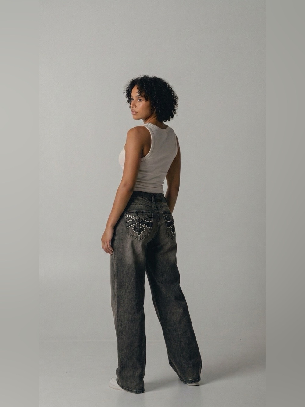 Jeans De Fleur Boot Cut Jeans in Gray with Studded Pocket Detail